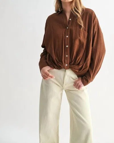 Fun 2 Fun Twist Hem Button Down Blouse In Brown