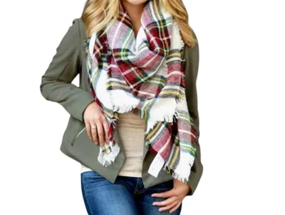 Funky Monkey Plaid Blanket Scarf In White/red In Multi