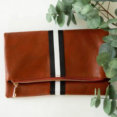 Funky Monkey Women's Preppy Stripe Foldover Clutch In Cognac With Black/white Stripe In Multi