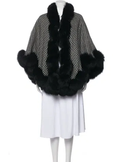 Pre-owned Fur Cashmere Houndstooth Print Shawl In Black