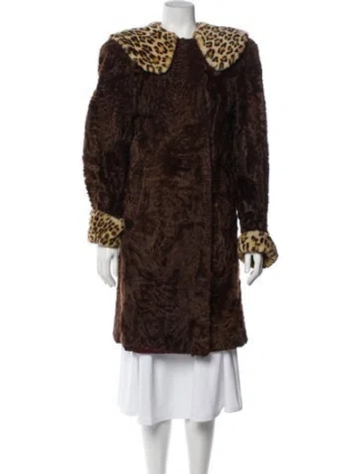 Pre-owned Fur Lamb  Animal Print Faux  Coat In Brown