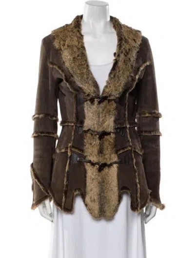 Pre-owned Fur Leather Colorblock Pattern Coat In Brown