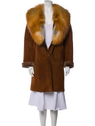Pre-owned Fur Leather Colorblock Pattern Faux  Coat In Brown