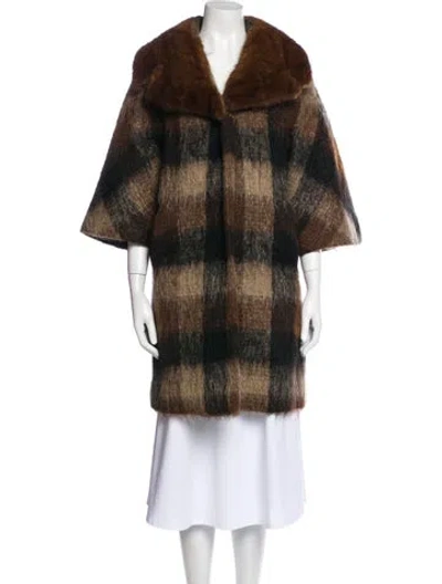 Pre-owned Fur Plaid Print Coat In Brown