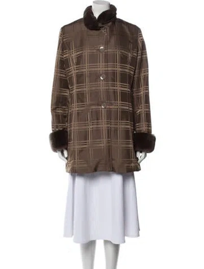 Pre-owned Fur Plaid Print Peacoat In Brown