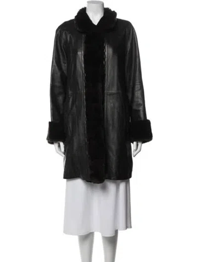Pre-owned Fur Rex Rabbit Trim Leather  Coat In Black