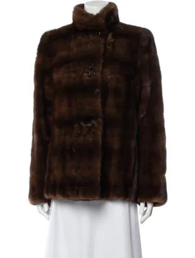 Pre-owned Fur Silk Plaid Print Faux  Coat In Brown