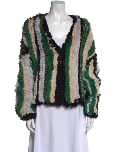 Pre-owned Fur Striped V-neck Sweater In Green