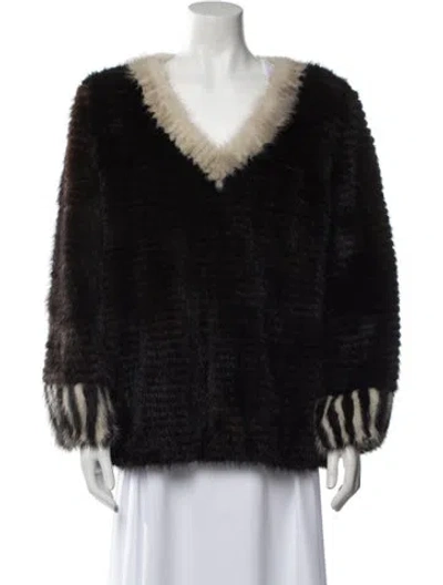 Pre-owned Fur V-neck Long Sleeve Blouse In Black