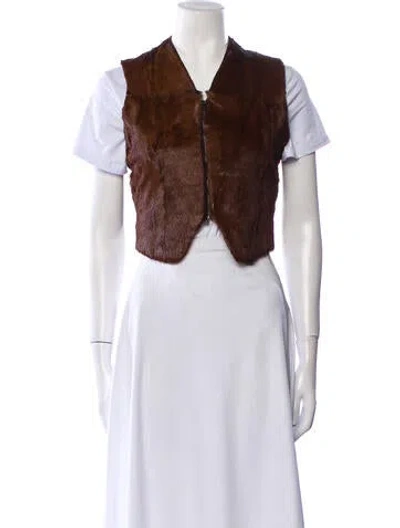 Pre-owned Fur V-neck Short Sleeve Crop Top In Brown