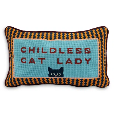 Furbish Studio Childless Cat Lady Needlepoint Pillow, 15 X 9 In Blue