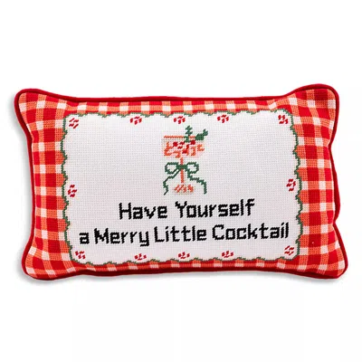 Furbish Studio Merry Little Cocktail Needlepoint Pillow In Red, Green & White In Multi