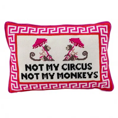 Furbish Studio No My Circus, Not My Monkeys Needlepoint Pillow In Pink & White In Multi