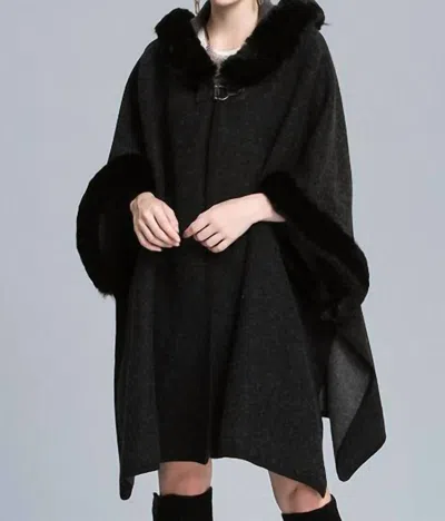 Furdecoration Cozy Faux Fur Hooded Poncho In Black