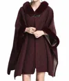 Furdecoration Cozy Faux Fur Hooded Poncho In Burgundy