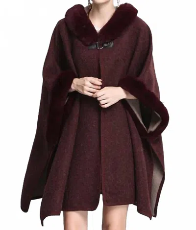 Furdecoration Cozy Faux Fur Hooded Poncho In Burgundy