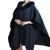 Furdecoration Cozy Faux Fur Hooded Poncho In Navy Blue