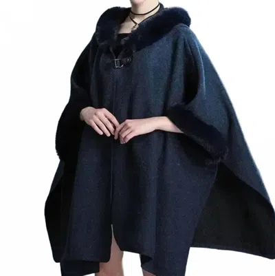 Furdecoration Cozy Faux Fur Hooded Poncho In Navy Blue