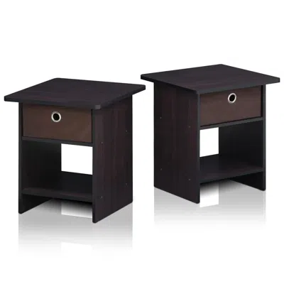 Furinno 2-10004dwn End Table/ Night Stand Storage Shelf With Bin Drawer, Dark Walnut, Set Of Two In Brown