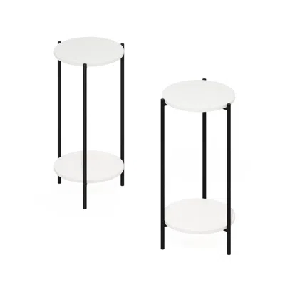 Furinno 2-tier Tall Round Side End Table With Sturdy Metal Legs, Set Of 2, White/black