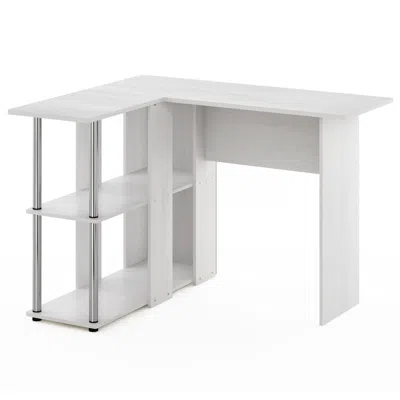 Furinno Abbott L-shape Desk With Bookshelf, White Oak, Stainless Steel Tubes