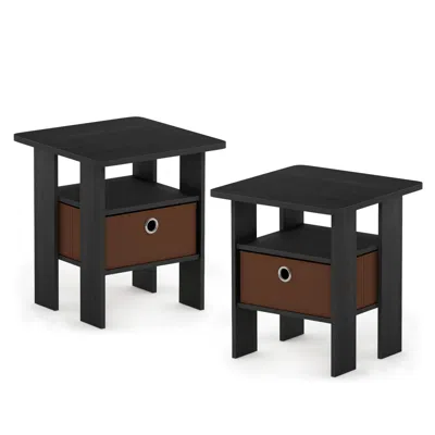 Furinno Andrey End Table Nightstand With Bin Drawer, Americano/medium Brown, Set Of 2 In Black