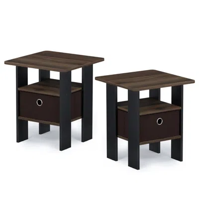 Furinno Andrey End Table Nightstand With Bin Drawer, Columbia Walnut/dark Brown, Set Of 2