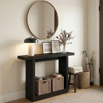 Furinno Ara Entryway Table 47-inch, Narrow Farmhouse Console Table, Sofa Table With Wide Bottom Shelf, Couch In Black