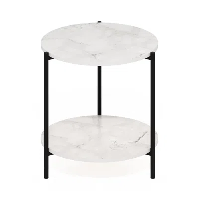 Furinno Besi 2-tier Modern Round Side End Table With Sturdy Metal Legs, Marble White