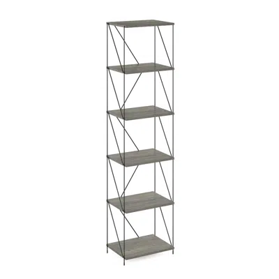 Furinno Besi 6-tier Industrial Multipurpose Shelf Display Rack With Metal Frame, Narrow, Finn Oak In Gray