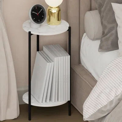 Furinno Besi Night Stand, 2-tier Tall Round Nightstand With Metal Legs, Metal Frame Narrow End Table With Op In White