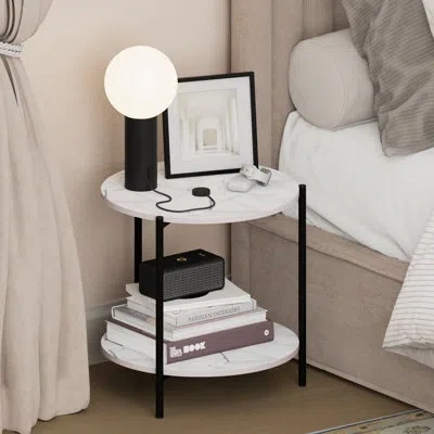 Furinno Besi Night Stand, 2-tier Wide Round Nightstand With Metal Legs, Metal Frame End Table, Bedside Table In White