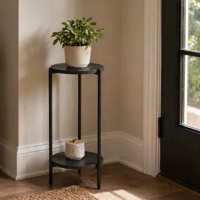 Furinno Besi Plant Stand Indoor Outdoor, 2-tier Round Plant Shelf, Metal Flower Pot Plant Stand Outdoor And  In Black