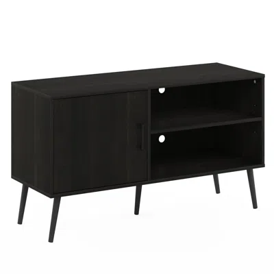 Furinno Claude Mid Century Style Tv Stand With Wood Legs, One Cabinet Two Shelves, Espresso In Black