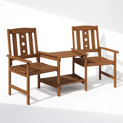 Furinno Dalam Hardwood Conversation Set With Attached Coffee Table And Umbrella Hole In Brown