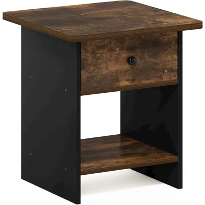 Furinno Dario End Table, Side Table, Storage Shelf With Bin Drawer, Amber Oak/black In Brown