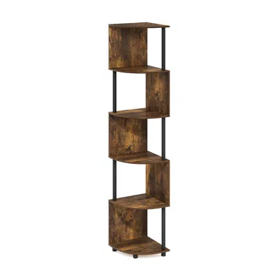Furinno Econ 5-tier Zigzag Corner Shelf Bookcase, Bookshelf, Amber Pine/black In Brown