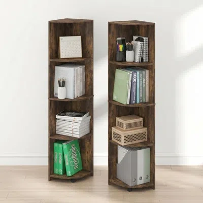 Furinno Econ Corner Shelf, 4-tier Corner Book Shelf Set Of 2, Storage Shelves, Display Rack, Bookshelf, For  In Brown
