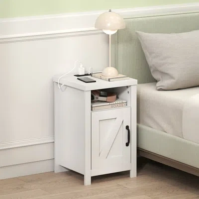 Furinno Farmhouse Nightstand With Charging Station, Bedside Table, Side Table, End Table With Door, Usb Port In White