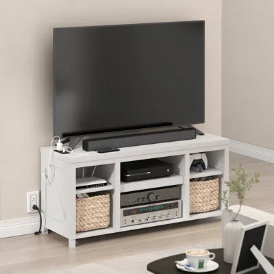 Furinno Farmhouse Tv Stand, Entertainment Center, Tv Console For Tv Up To 55 Inch With Usb Ports & Power Out In White