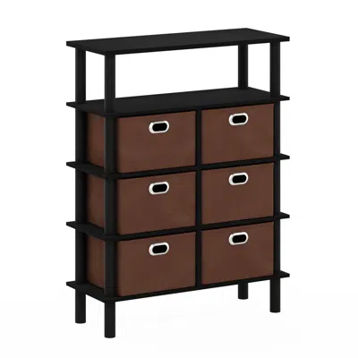 Furinno Frans Turn-n-tube Console Table With Bin Drawers, Black Oak/black/brown