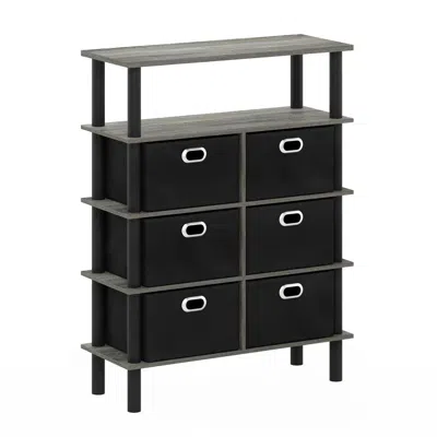 Furinno Frans Turn-n-tube Console Table With Bin Drawers, French Oak Grey/black/black In Gray