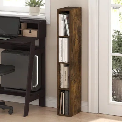 Furinno Fulda Book Shelf, 4-tier Narrow Bookshelf, Standing Bookcase With 6-in Width Storage Shelf, 9.3 X 5. In Brown