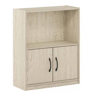 Furinno Gruen 2-tier Open Shelf Bookcase With 2 Doors Storage Cabinet, Metropolitan Pine In Neutral