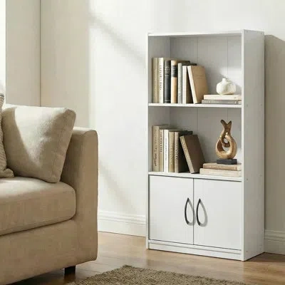 Furinno Gruen Book Shelf, 3-tier Bookshelf, Bookcase With Open Shelf And Doors Storage Cabinet, 9.3 X 21.8 X In White