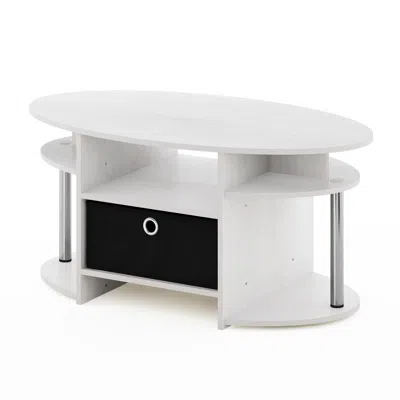 Furinno Jaya Simple Design Oval Coffee Table With Bin, White Oak, Stainless Steel Tubes