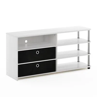 Furinno Jaya Simple Design Tv Stand For Up To 55-inch With Bins, White Oak, Stainless Steel Tubes