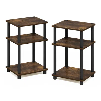 Furinno Just 3-tier Turn-n-tube End Table, 2-pack, Amber Pine/black In Brown