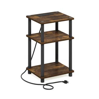 Furinno Just 3-tier Turn-n-tube Usb And Type-c Charging Port End Table, Amber Pine/black In Brown