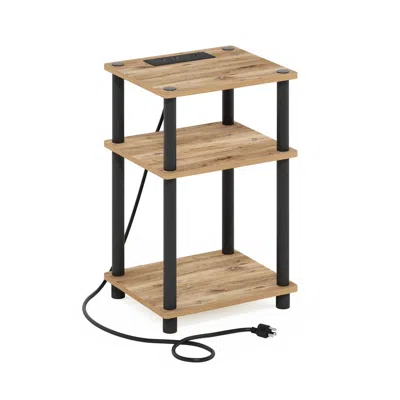 Furinno Just 3-tier Turn-n-tube Usb And Type-c Charging Port End Table, Oak/black In Brown